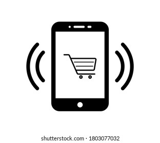 Vektorgrafik von Einkaufs-App-Symbol, Handy-Shopping, Online-Shopping-Icon, digitalem Shopping, E-Commerce, Web-Icon, schwarz gefülltes Symbol, trendige flache Ikone einzeln.