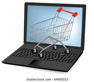 Vector illustration of a shopping art over a laptop.