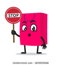 vector illustration of shopping bag character or mascot holding sign says stop