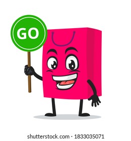 vector illustration of shopping bag character or mascot holding sign says go