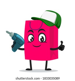 vector illustration of shopping bag character or mascot holding hand drill