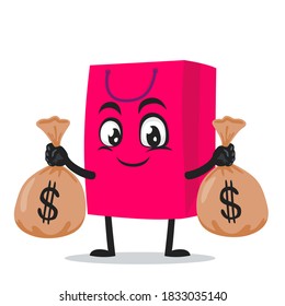 vector illustration of shopping bag character or mascot holding sacks of money