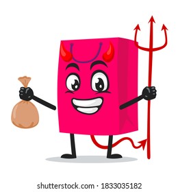 vector illustration of shopping bag character or mascot Wearing devil costume and holding trident