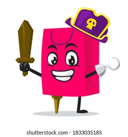 vector illustration of shopping bag character or mascot wearing pirates costume and holding wooden sword