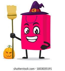 vector illustration of shopping bag character or mascot wearing witch costume and holding broom