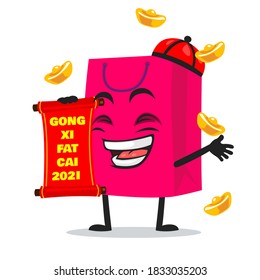 vector illustration of shopping bag character or mascot holding red scroll and says happy chinese new year 2021
