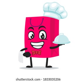 vector illustration of shopping bag character or mascot wearing chef hat and serve food