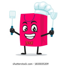 vector illustration of shopping bag character or mascot wearing chef hat and holding spatula
