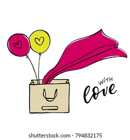 Vector illustration with shopping bag, cloth, ballons and hand drawn lettering with love.