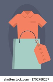 Vector illustration. Shopping bag design icon with sale tag. Shop and sale concept.