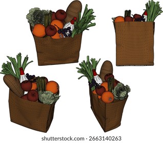 Ilustração vetorial de um design de sacola de compras contendo vários vegetais de alimentos saudáveis