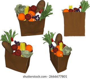 Ilustración vectorial de un diseño de bolsa de compras que contiene varios vegetales de alimentos saludables