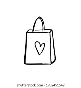 Vector Illustration With Shopping Bag Icon Isolated On White Background. Concept In Doodle Hand Drawn Style. 
