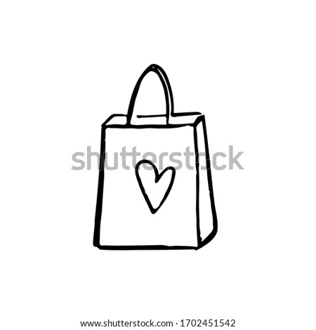 Vector illustration with shopping bag icon isolated on white background. Concept in doodle hand drawn style. 