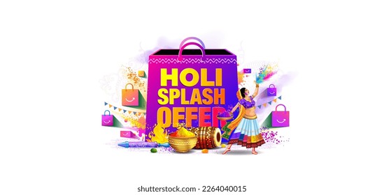 Vector illustration of shopping bag with Sale offers discount and deals text. Holi Festival, colorful color splash and festive background.