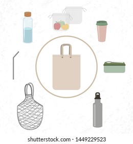 Vector illustration, shopping bag and set of elements - eco, green and zero waste lifestyle. For online or offline shop, article, website, ecological education. Minimalism, minimalistic way of living.