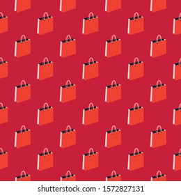 Ilustración vectorial de bolsas de compras con asas cordadas en naranja, coral, rojo, rosa y marina aisladas de fondo. Patrón abstracto sin fisuras vectorial para carteles, banners.