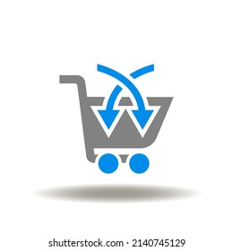 Vector illustration of shopping basket with arrows pointing inward. Icon of up sell or cross sell marketing technology. Symbol of shopping sale.