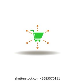 Ilustración vectorial de cesta de la compra y flechas alrededor del exterior. Símbolo de venta cruzada, upselling.