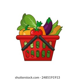 Ilustración vectorial Cesta de la compra llena de varios tipos de verduras frescas como tomates, col, zanahorias, pepinos, brócoli, pimientos, berenjena, maíz