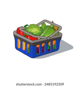 vector illustration Shopping basket filled with various types of fresh garden vegetables such as tomatoes, cabbage, carrots, cucumbers, broccoli, peppers, eggplant, corn
