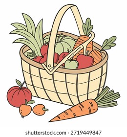 Vektorgrafik eines mit verschiedenen Lebensmitteln gefüllten Warenkorbs. Ideal für Lebensmittelgeschäfte, Einzelhandel und Food-Shopping-Themen.