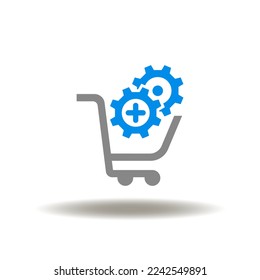 Vector illustration of shopping basket and gears mechanism with plus sign. Icon of procurement. Symbol of buying.