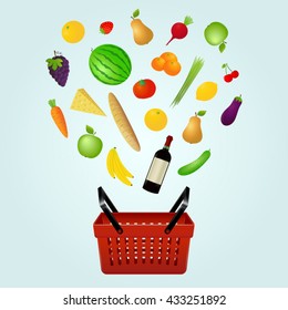 Vector illustration of shopping basket with groceries