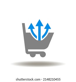 vector illustration of shopping basket with growth or up directional arrows. Icon of upselling. Symbol of cross-sell. Sign of sale, discount, up-sell.