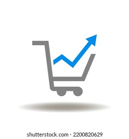 Vektorgrafik des Warenkorbs mit Wachstumsdiagramm. Symbol des Verkaufs. Symbol des Cross-Selling. Verkaufsunterschrift, Rabatt.