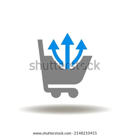 vector illustration of shopping basket with growth or up directional arrows. Icon of upselling. Symbol of cross-sell. Sign of sale, discount, up-sell.