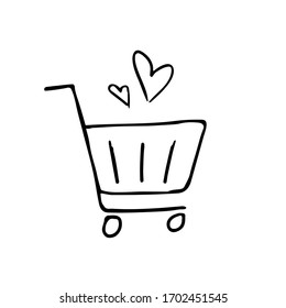 Vector illustration with shopping basket icon isolated on white background. Concept in doodle hand drawn style.  