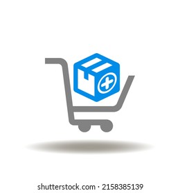 Vector Illustration Of Shopping Basket With Packaging Box And Medicine Pharmacetical Cross Or Plus. Icon Of Medical Pharmacy Procurement. Symbol Of Online Drugstore.