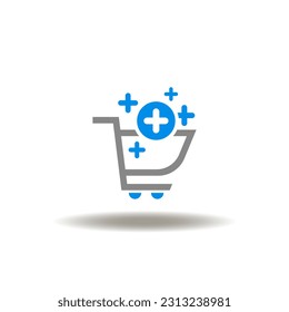 Vector illustration of shopping basket with plus signs. Icon of procurement. Symbol of sales, discount.