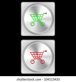 Vector illustration of shopping baskets  buttons in two stages - green and red.