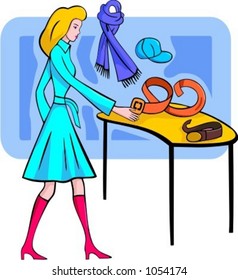A vector illustration of a shopping blonde girl looking at a belt.
