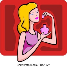 A vector illustration of a shopping blonde girl looking at a perfume.