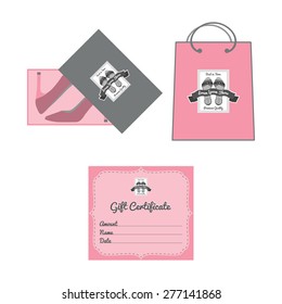 Vector illustration of shopping box, bag and gift certificate.