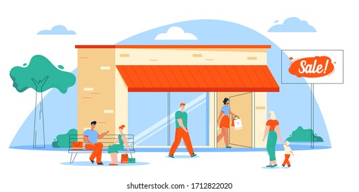 Vector illustration of shopping and buyers scene. Girl holds lot of purchases, woman and kid walking. Shop building, couple sitting at bench and talking. Store promotion, retail, happy customers