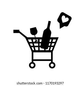 Vector illustration, shopping cart black silhouette with the drink products inside and the like sigh.
