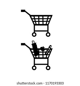 Vector illustration, shopping cart black silhouette set of two elements.