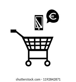 Vector illustration, shopping cart black silhouette with the mobile phone and currency icons. Can be used for mobile payment banners, designs.