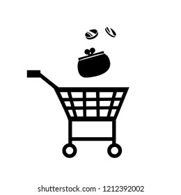 Vector illustration, shopping cart black silhouette with the purse.