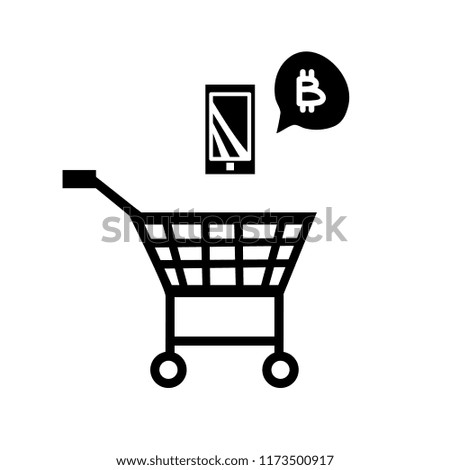 Vector illustration, shopping cart black silhouette with the mobile phone and bitcoin icons. Can be used for mobile payment banners, designs.
