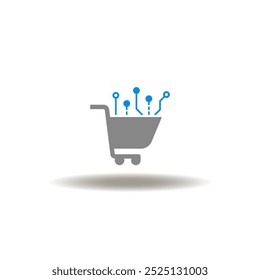 Ilustração vetorial do carrinho de compras com padrão de circuito. Símbolo do mercado, compras online. Ícone do PCI DSS.