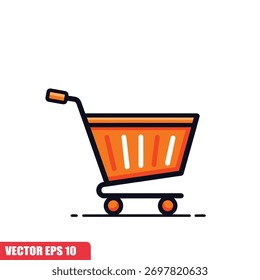 Una Ilustración vectorial de un Carrito de compras. Presenta una carrocería naranja con contornos negros y Pequeñas ruedas redondeadas. El Carrito tiene un diseño sencillo y moderno.