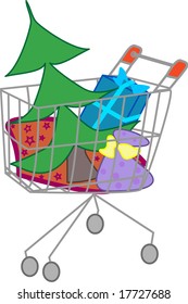 Vector Illustration of a Shopping cart filled with Christmas tree and presents