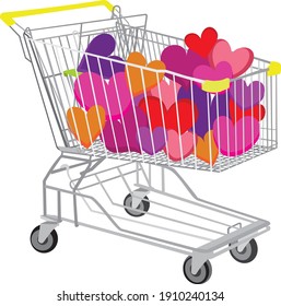 vector illustration of shopping cart full of gifts, shopping cart with hearts, valentines