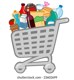 Vector illustration of shopping cart full of different products.