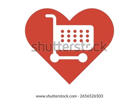 Vector illustration of a shopping cart icon against a bold red heart background, conveying an affinity for shopping or retail. Ideal for concepts related to commerce, consumerism, and online purchases